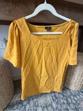 Ann Taylor Golden Mustard Puff-Sleeve Square Neck Blouse